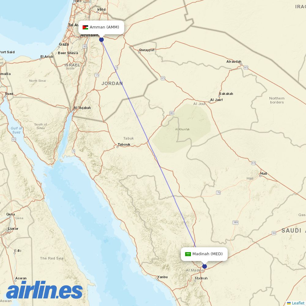 Royal Jordanian from Madinah destination map