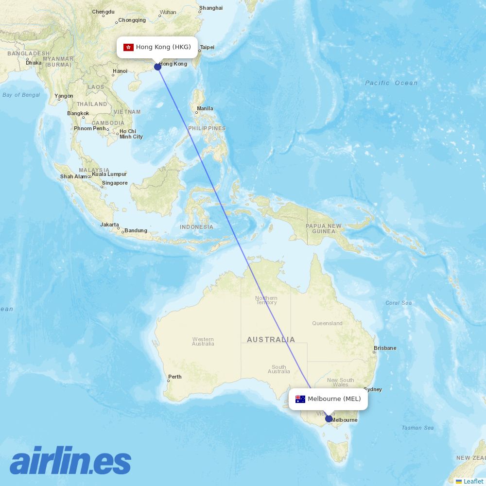 Cathay Pacific from Melbourne International destination map