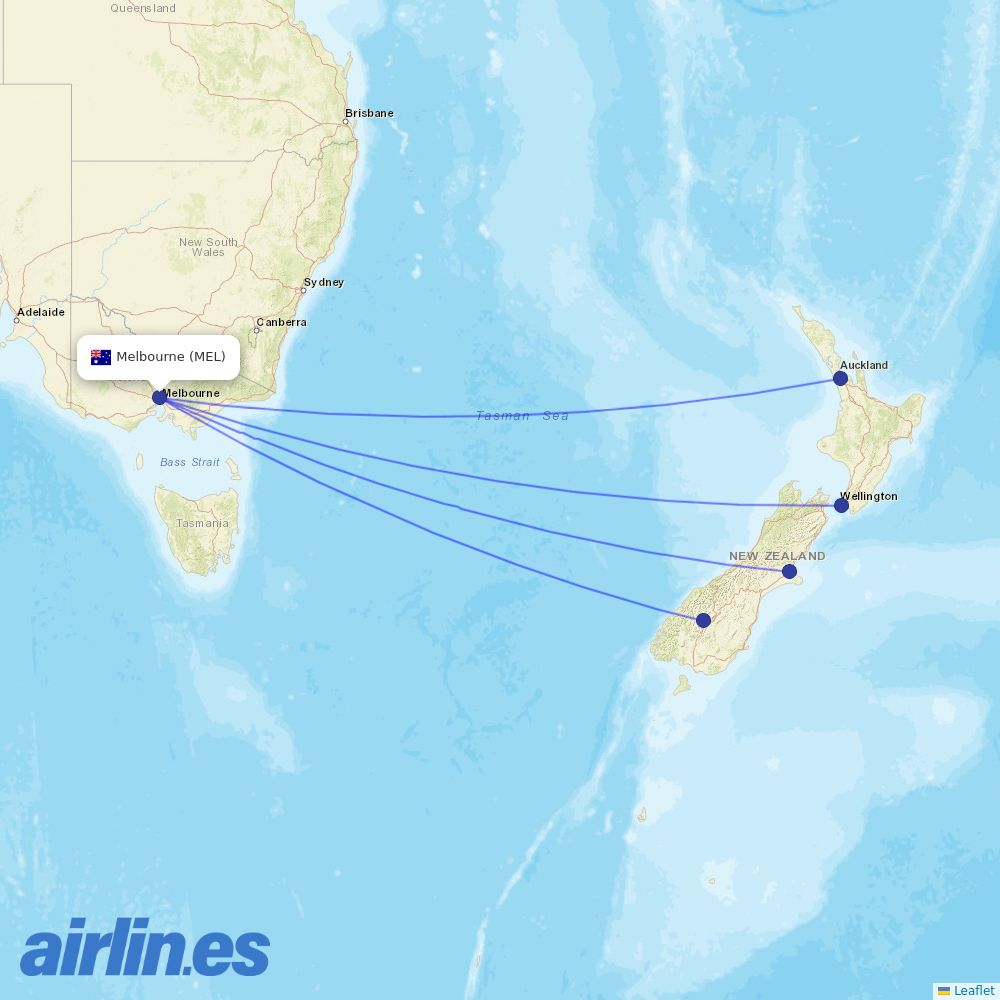 Air New Zealand from Melbourne International destination map