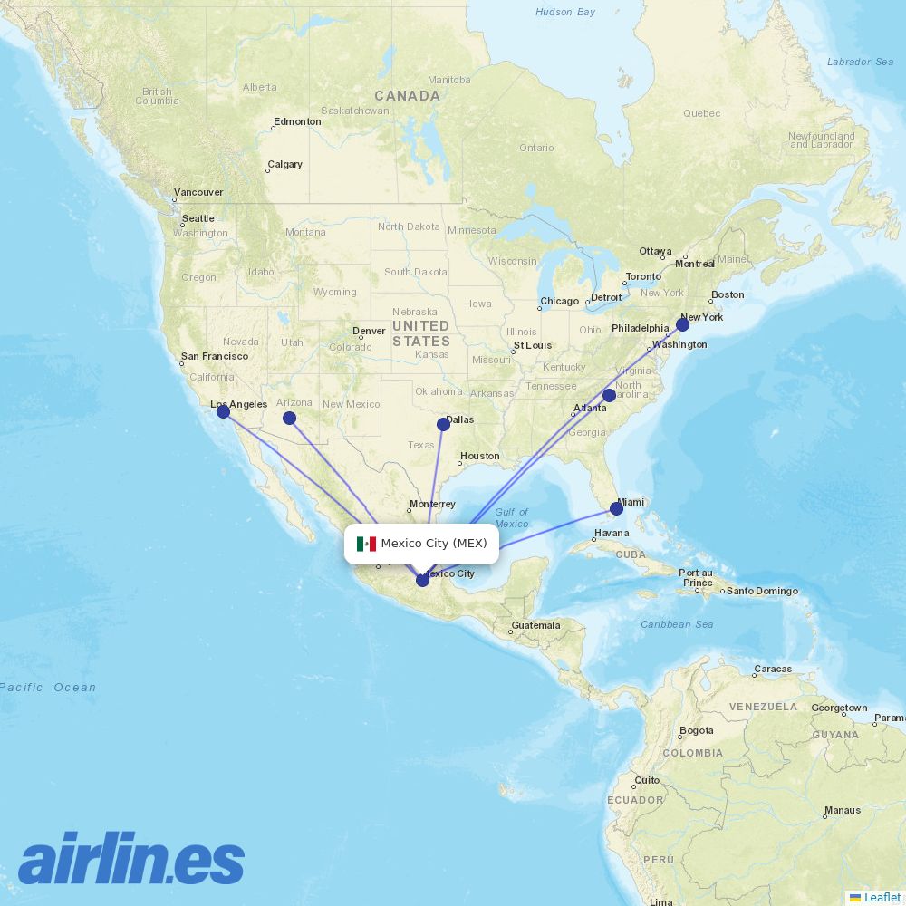American Airlines from Mexico City International Airport destination map