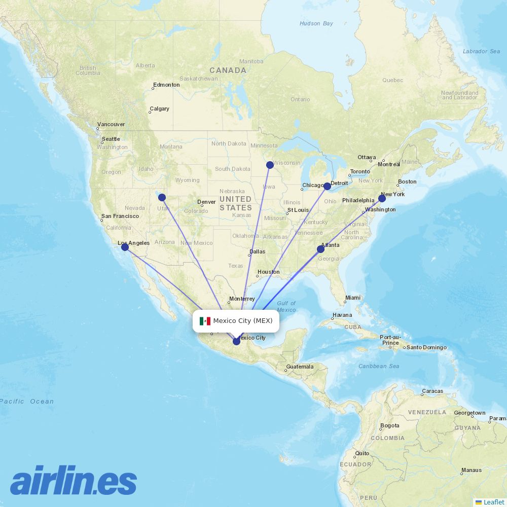 Delta Air Lines from Mexico City International Airport destination map