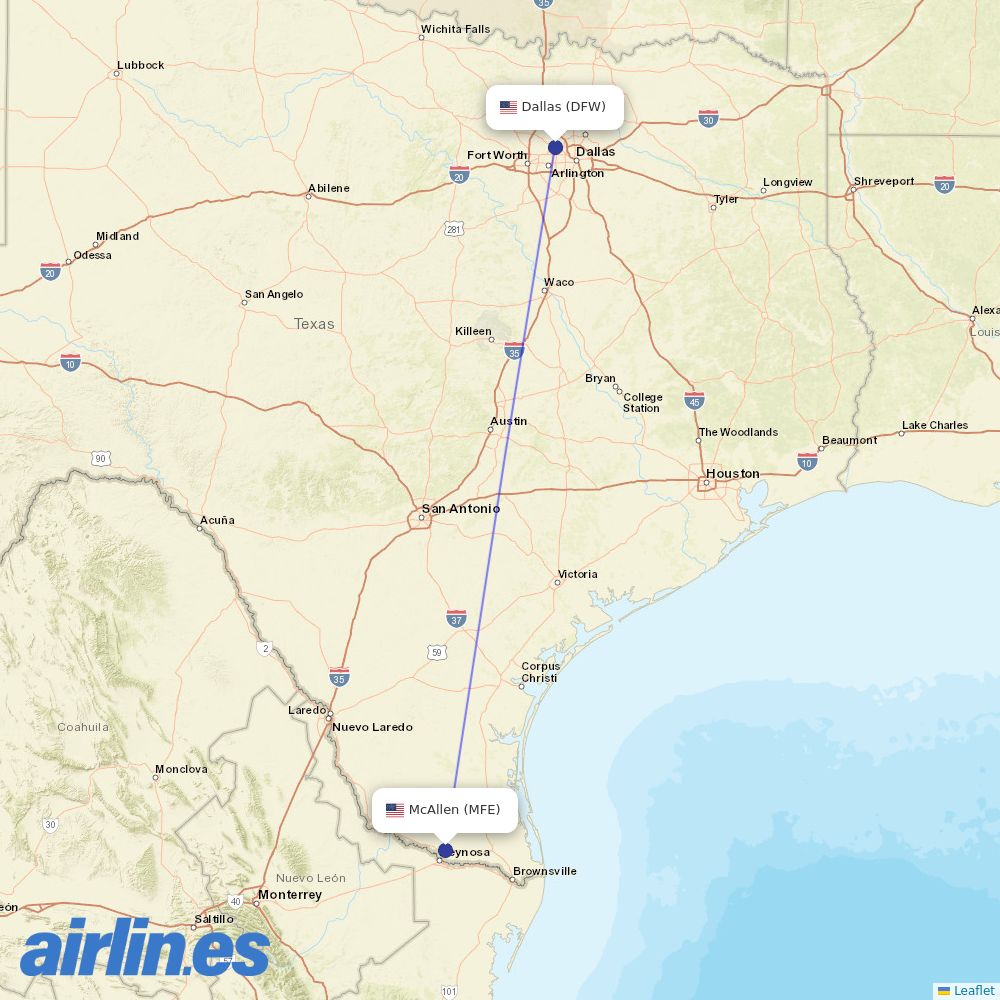 American Airlines from Mc Allen Miller International destination map