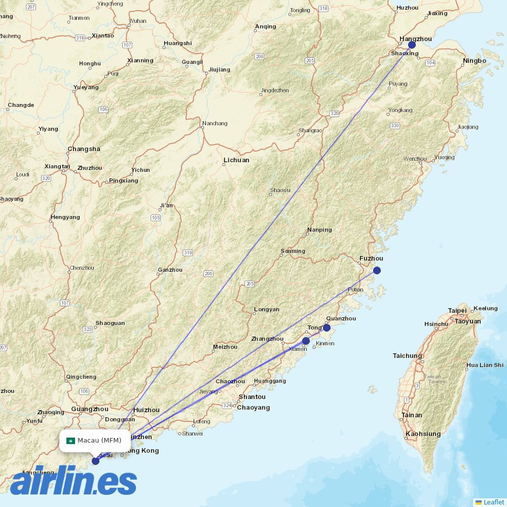 Xiamen Airlines from Macau International destination map