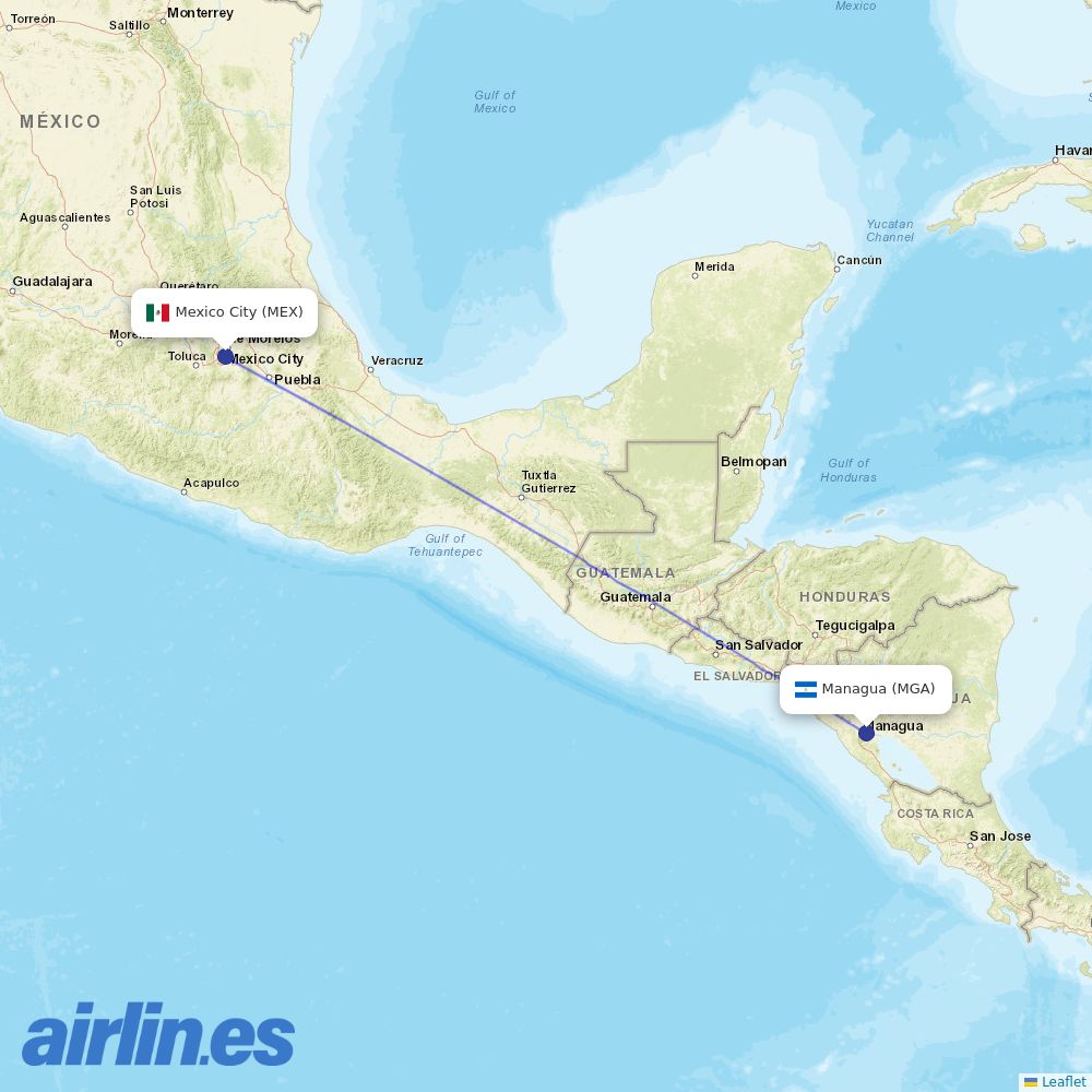 Aeromexico from Managua International destination map