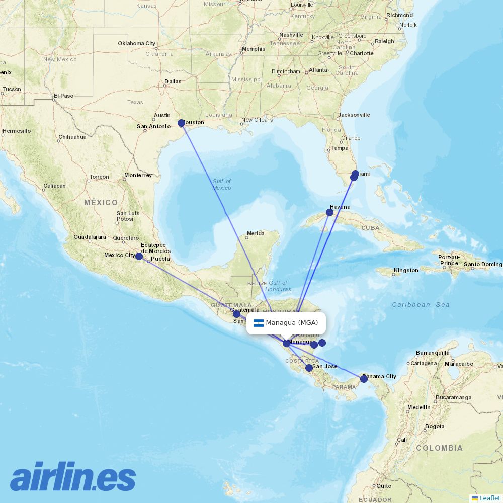 United Airlines from Managua International destination map