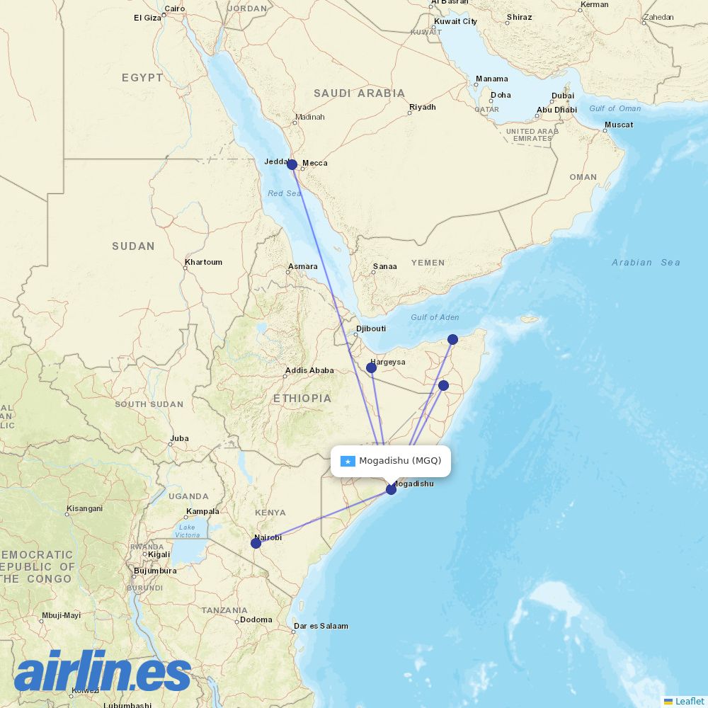 Daallo Airlines from Mogadishu destination map