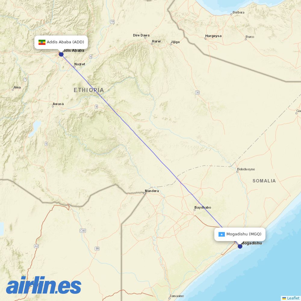 Ethiopian Airlines from Mogadishu destination map
