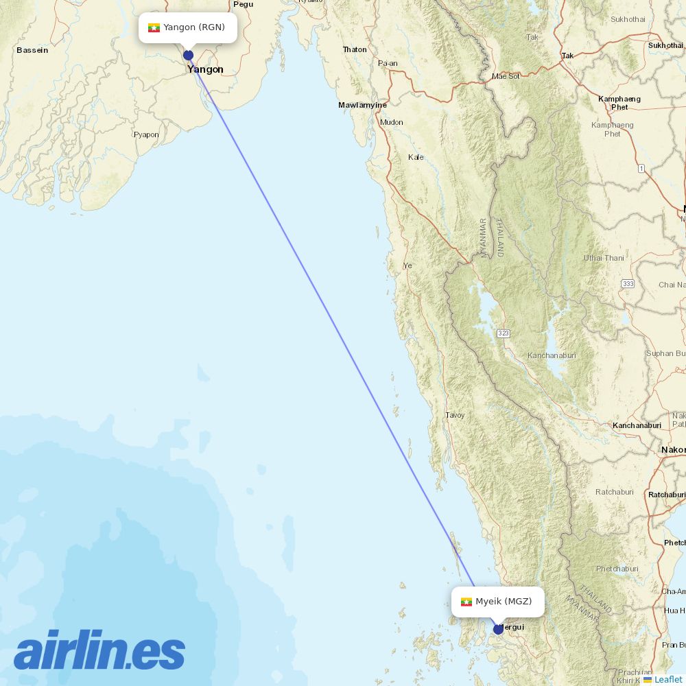 Myanmar Airways International from Myeik destination map