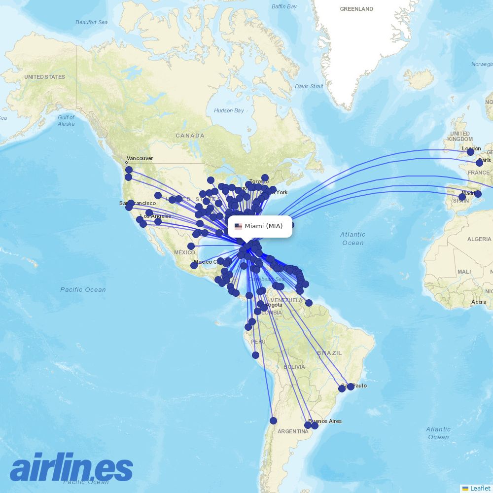 American Airlines at MIA route map