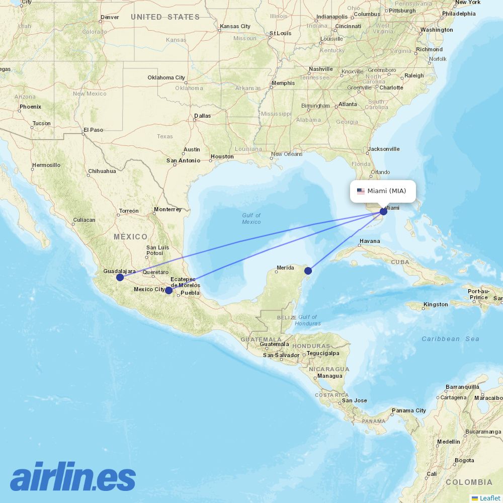 Aeromexico from Miami International destination map