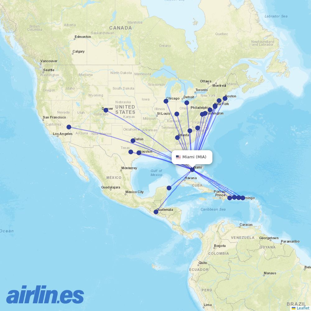 Frontier Airlines from Miami International destination map