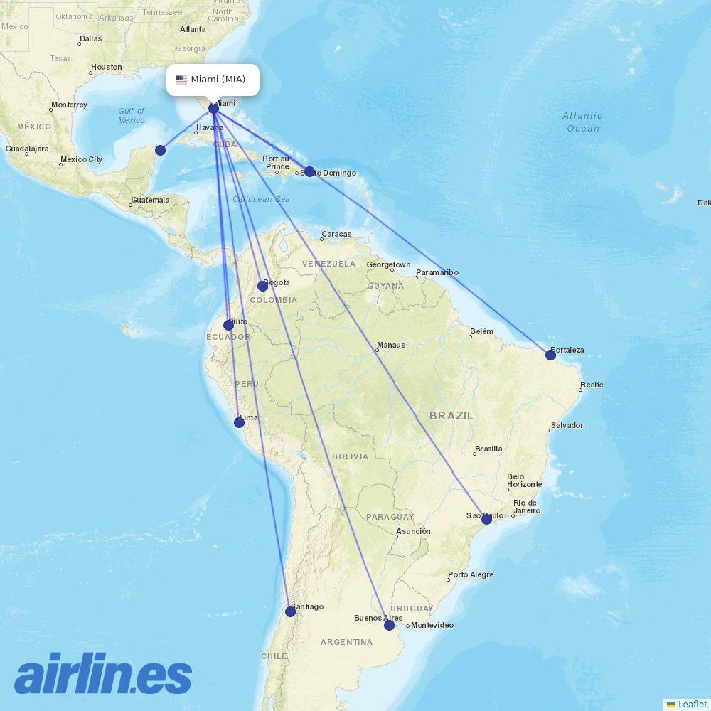 LATAM Airlines from Miami International destination map