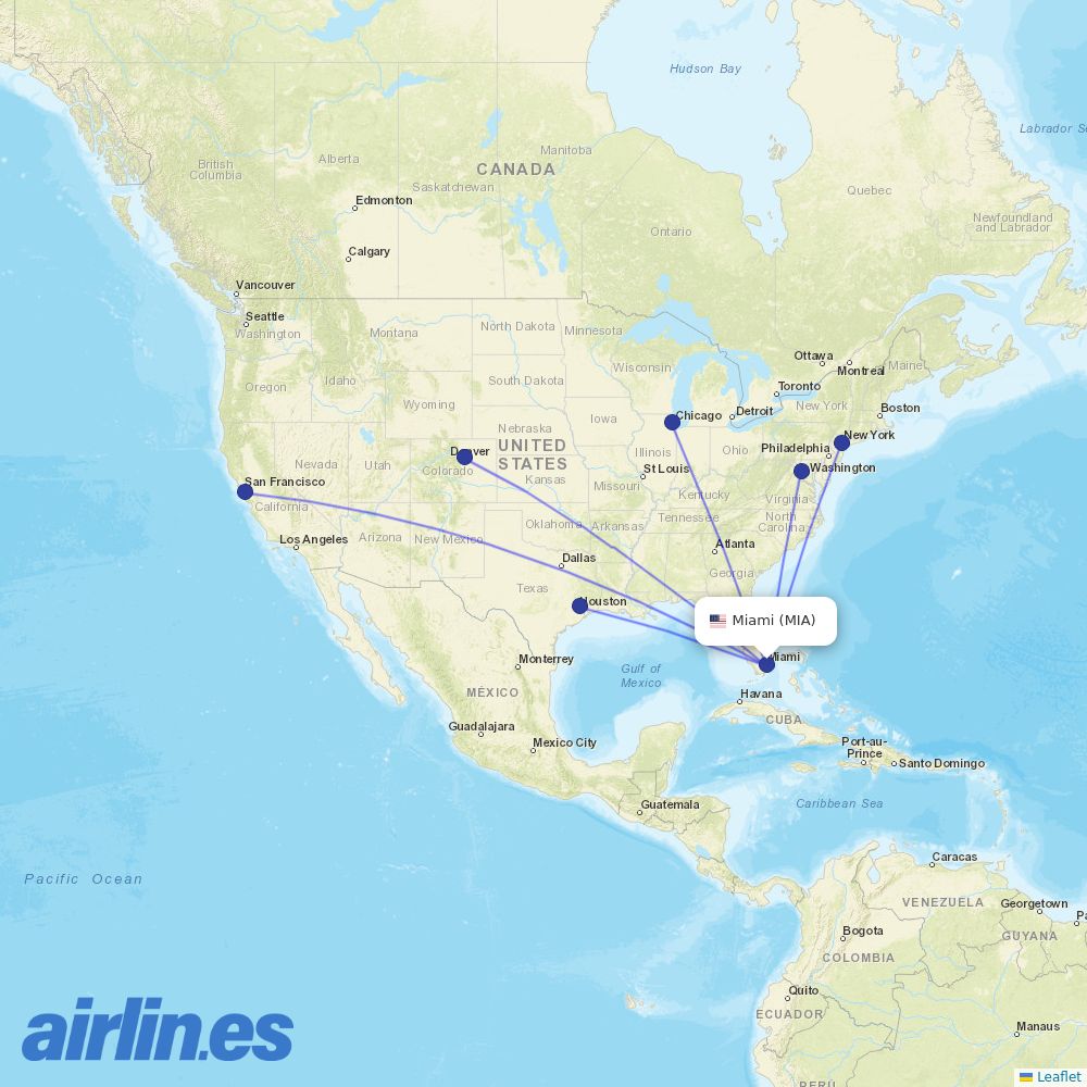 United Airlines from Miami International destination map
