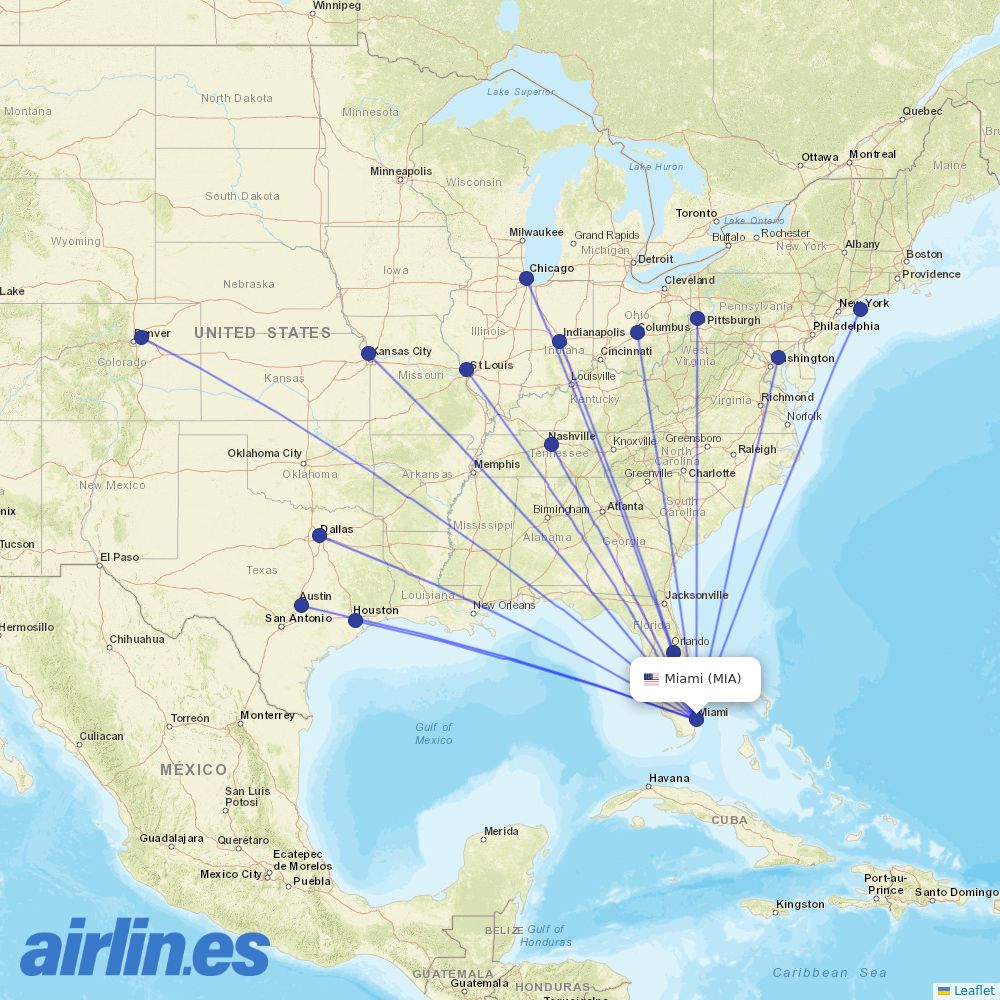 Southwest Airlines from Miami International destination map