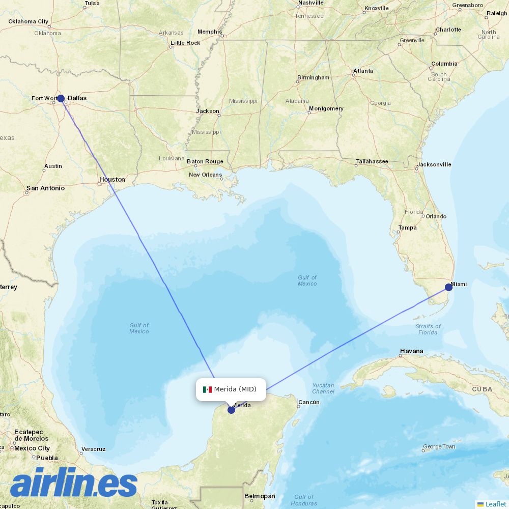 American Airlines from Licenciado Manuel Crecencio Rejon International destination map