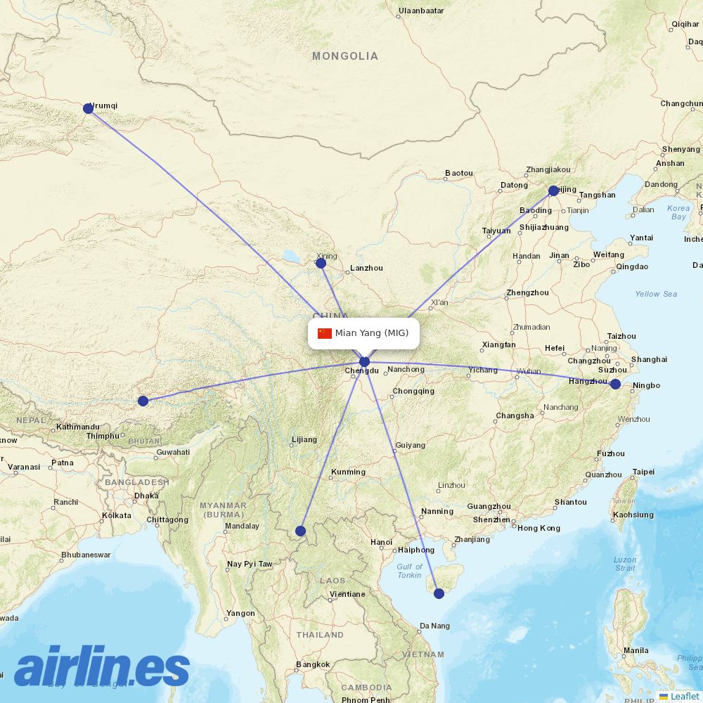 Sichuan Airlines from Mianyang Airport destination map