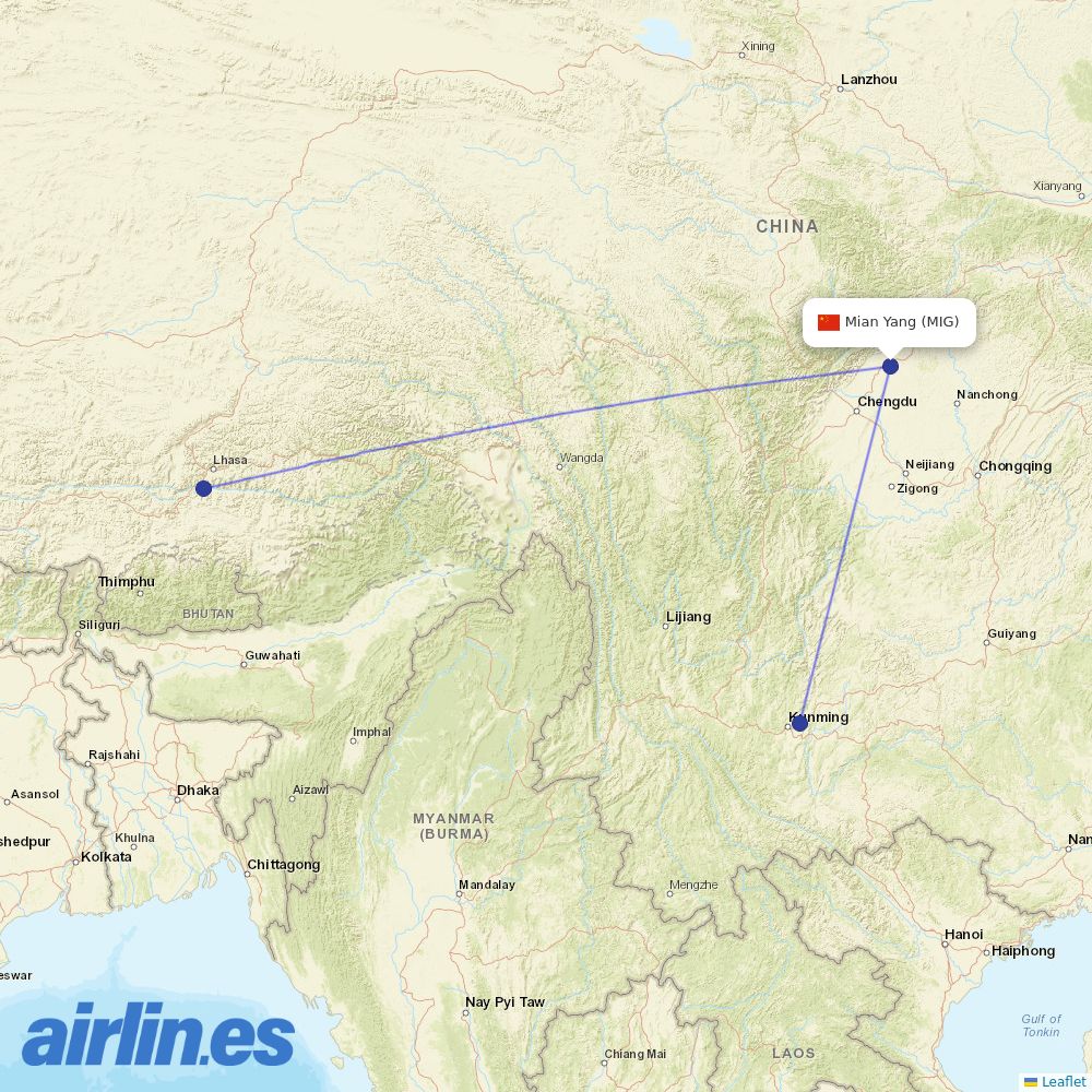 Lucky Air from Mianyang Airport destination map