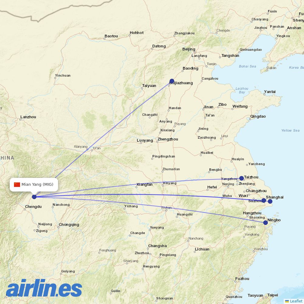Spring Airlines from Mianyang Airport destination map