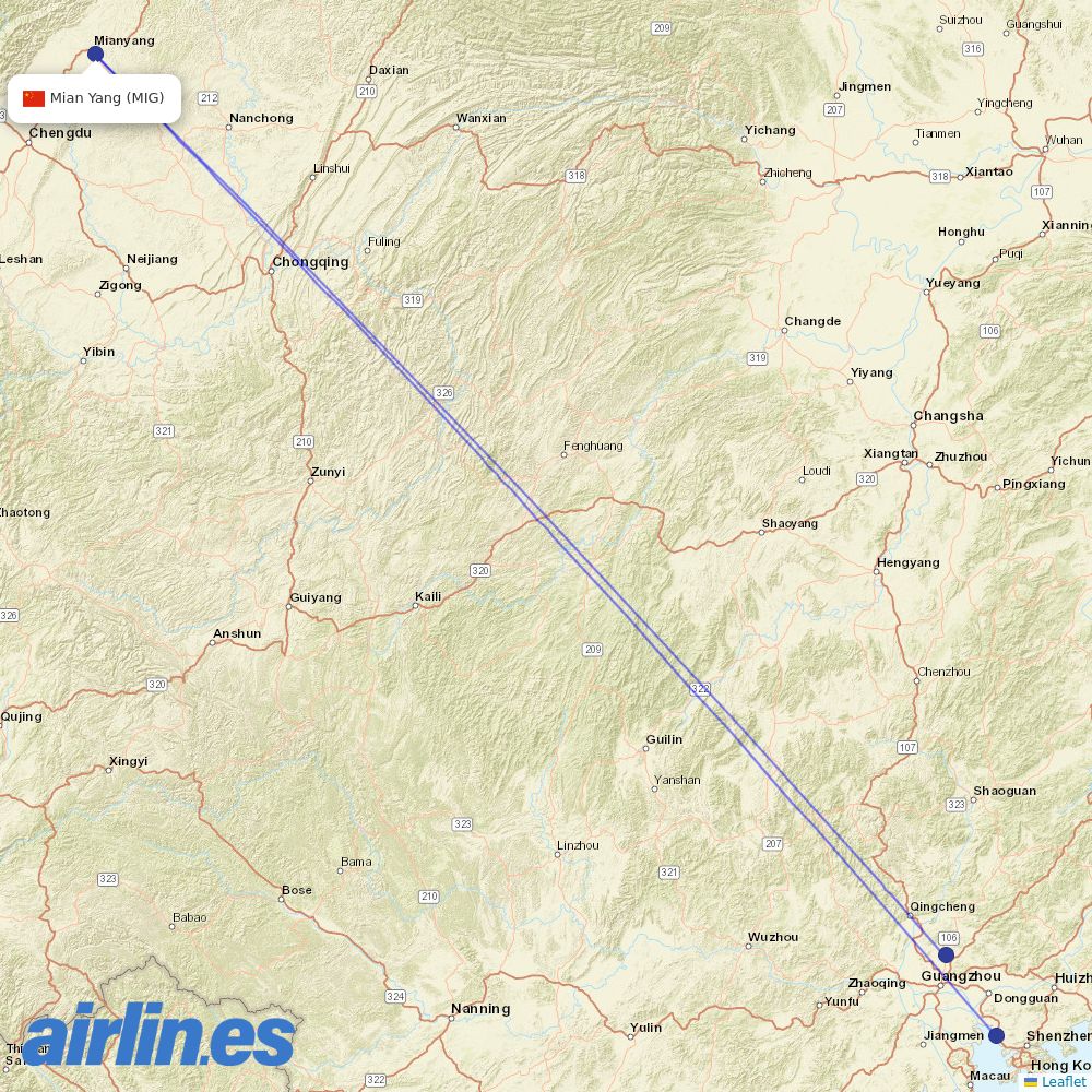 China Southern Airlines from Mianyang Airport destination map