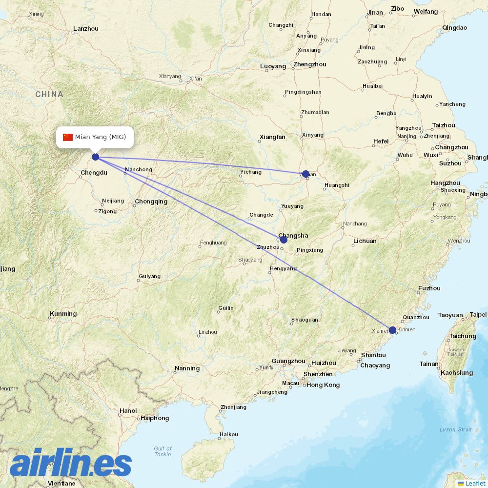 Xiamen Airlines from Mianyang Airport destination map