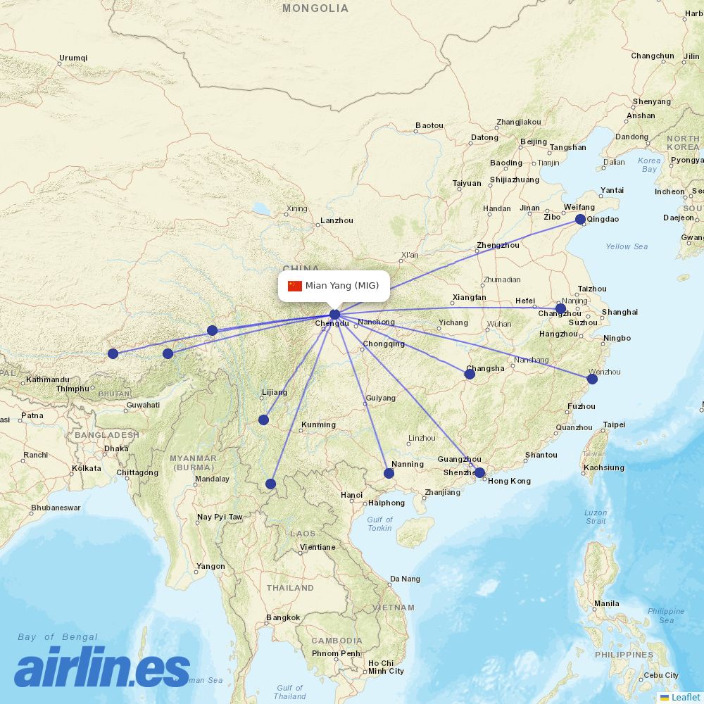 Tibet Airlines at MIG route map