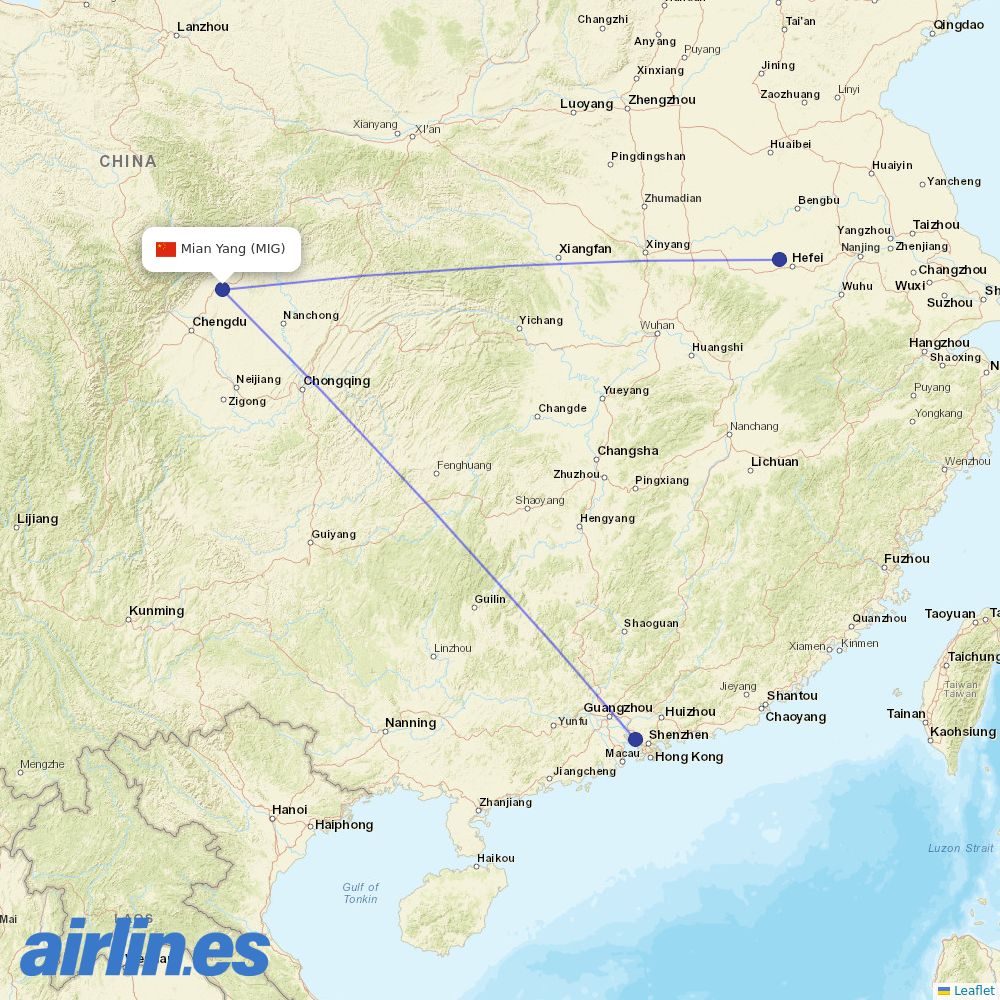 Shenzhen Airlines from Mianyang Airport destination map