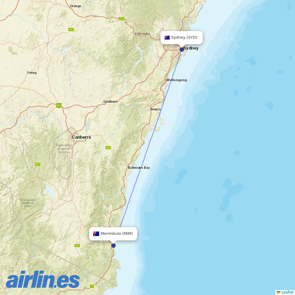 Qantas from Merimbula destination map