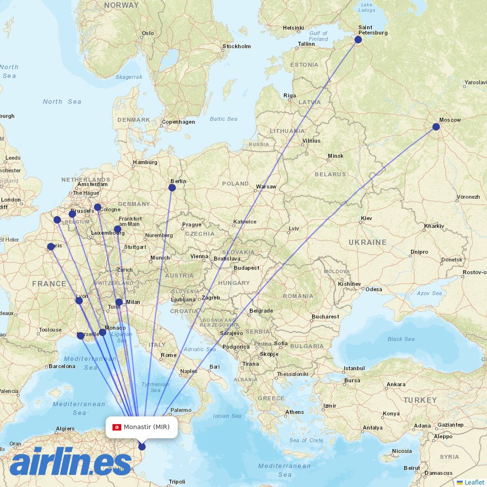 Nouvelair Tunisie from Habib Bourguiba International destination map