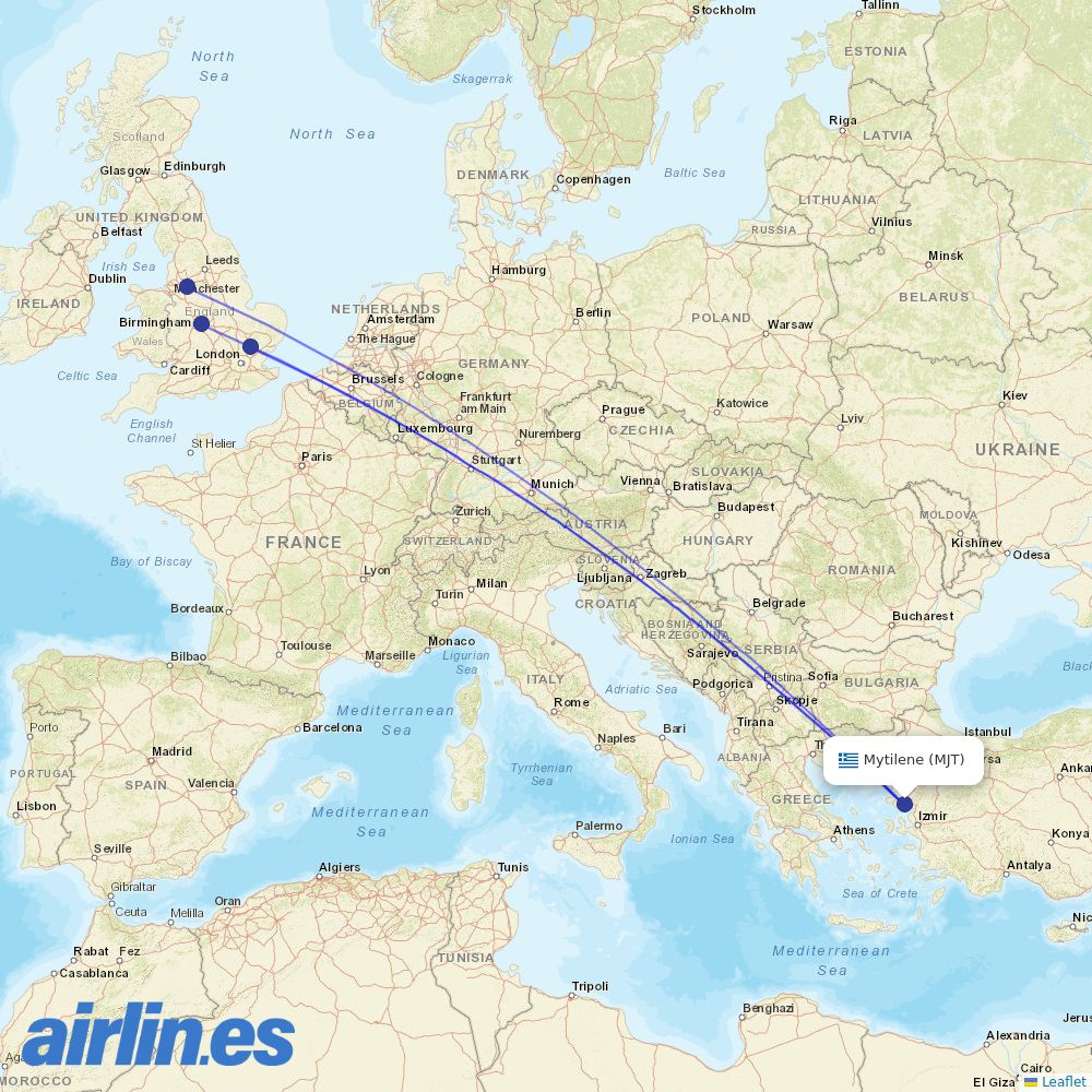 Jet2 from Mitilini destination map