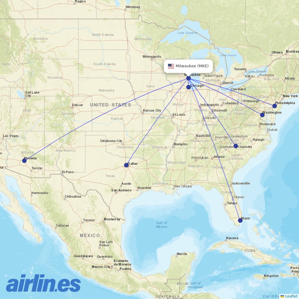 American Airlines from General Mitchell International destination map