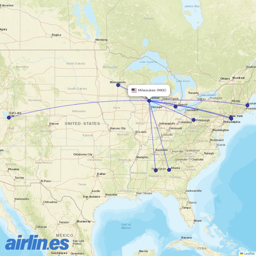 Delta Air Lines from General Mitchell International destination map