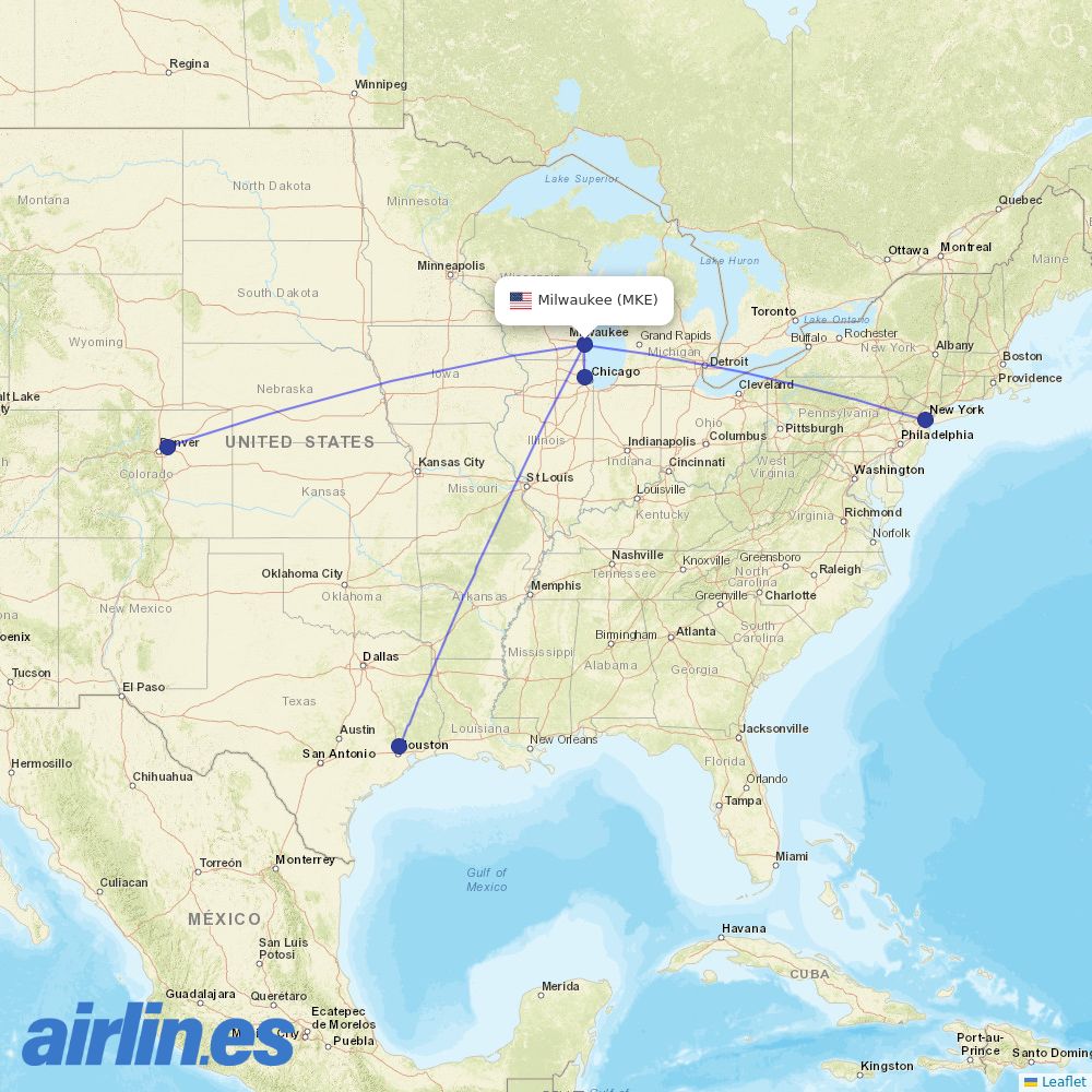 United Airlines from General Mitchell International destination map