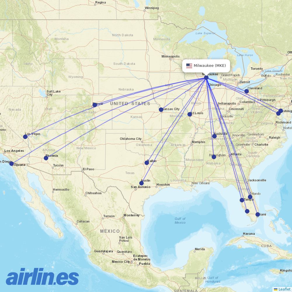 Southwest Airlines from General Mitchell International destination map