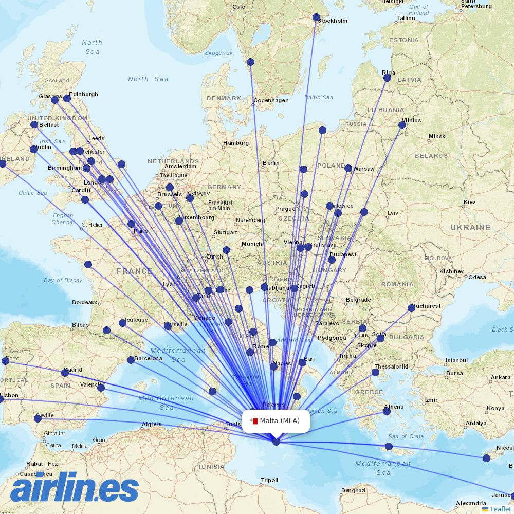 Ryanair from Malta International Airport destination map