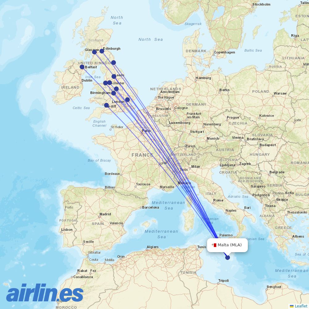 Jet2 from Malta International Airport destination map