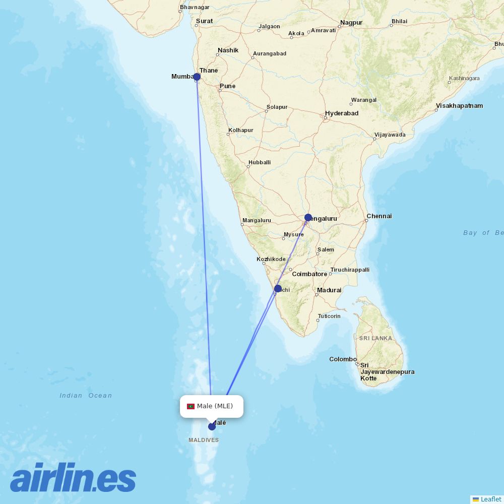 IndiGo from Male International Airport destination map