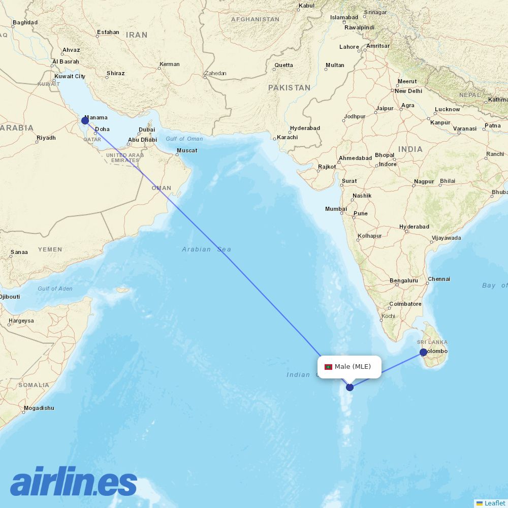 Gulf Air from Male International Airport destination map
