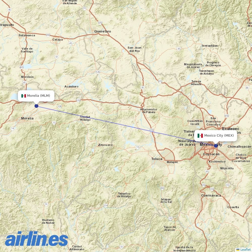 Aeromexico from General Francisco J Mujica destination map