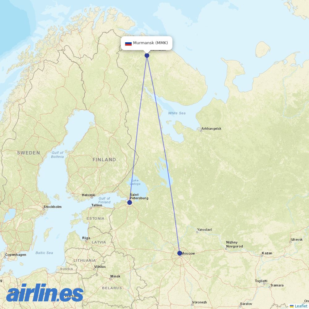 Aeroflot from Murmansk destination map