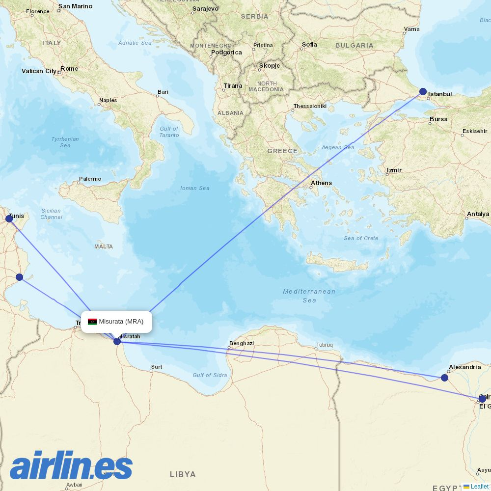 Medsky Airways from Misurata Airport destination map