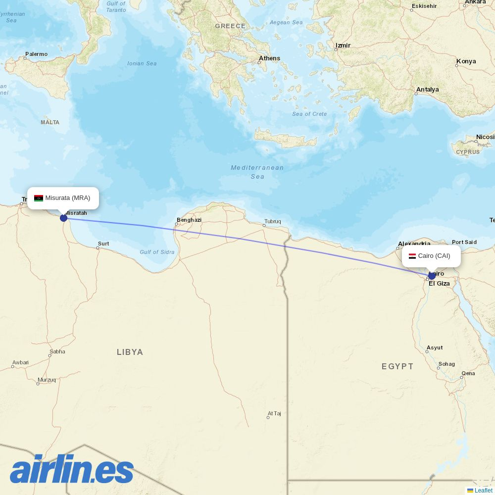 EgyptAir from Misurata Airport destination map