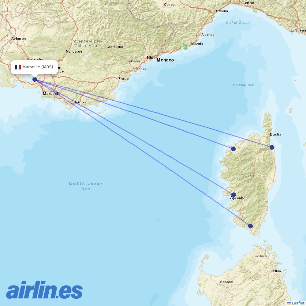 Air Corsica from Marseille Provence Airport destination map