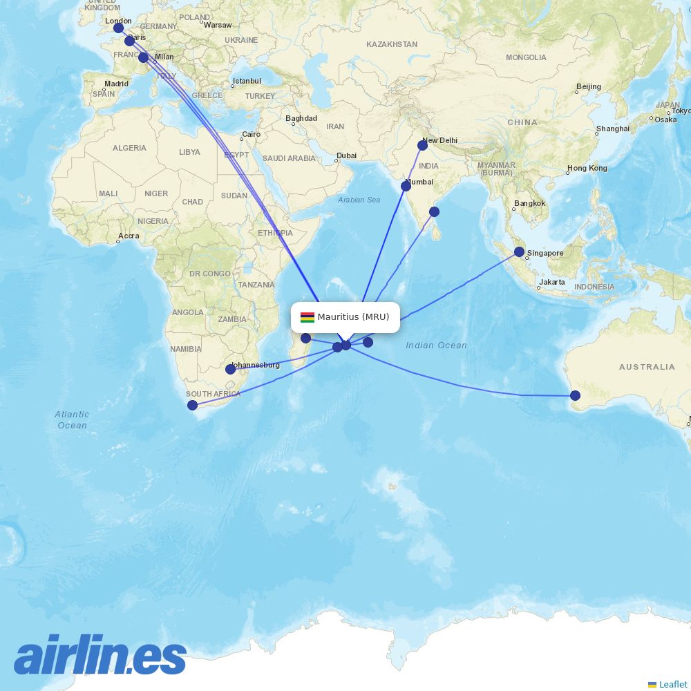 Air Mauritius from Sir Seewoosagur Ramgoolam International destination map