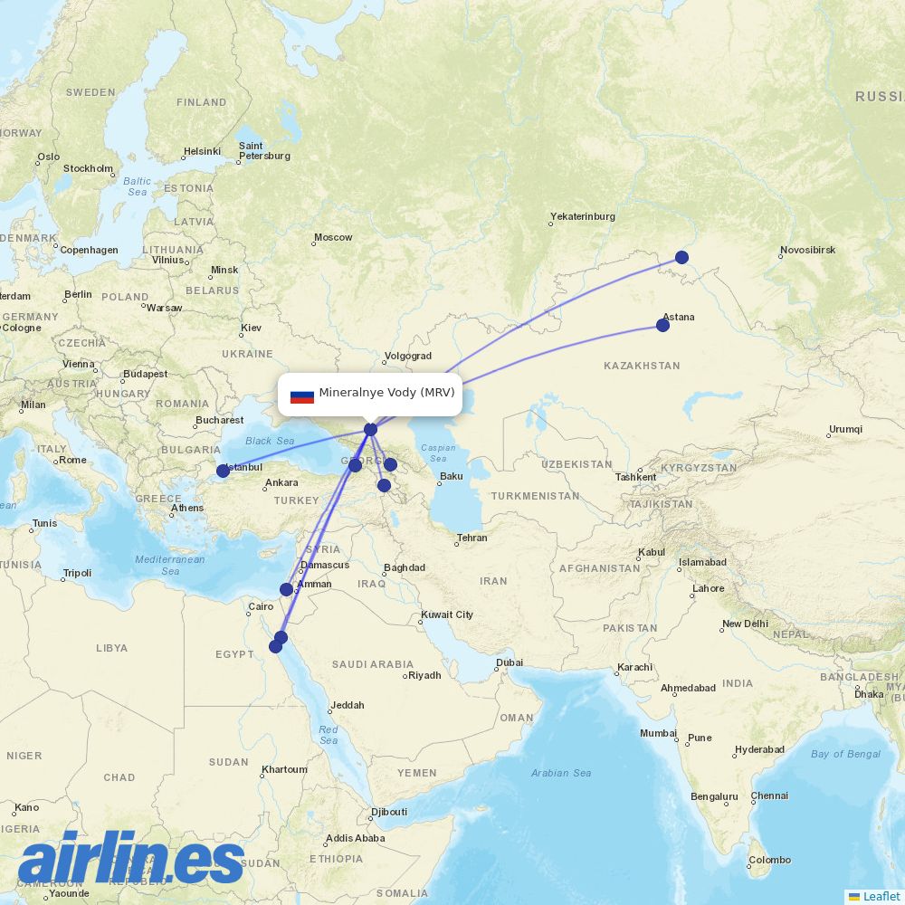 Red Wings from Mineralnye Vody Airport destination map