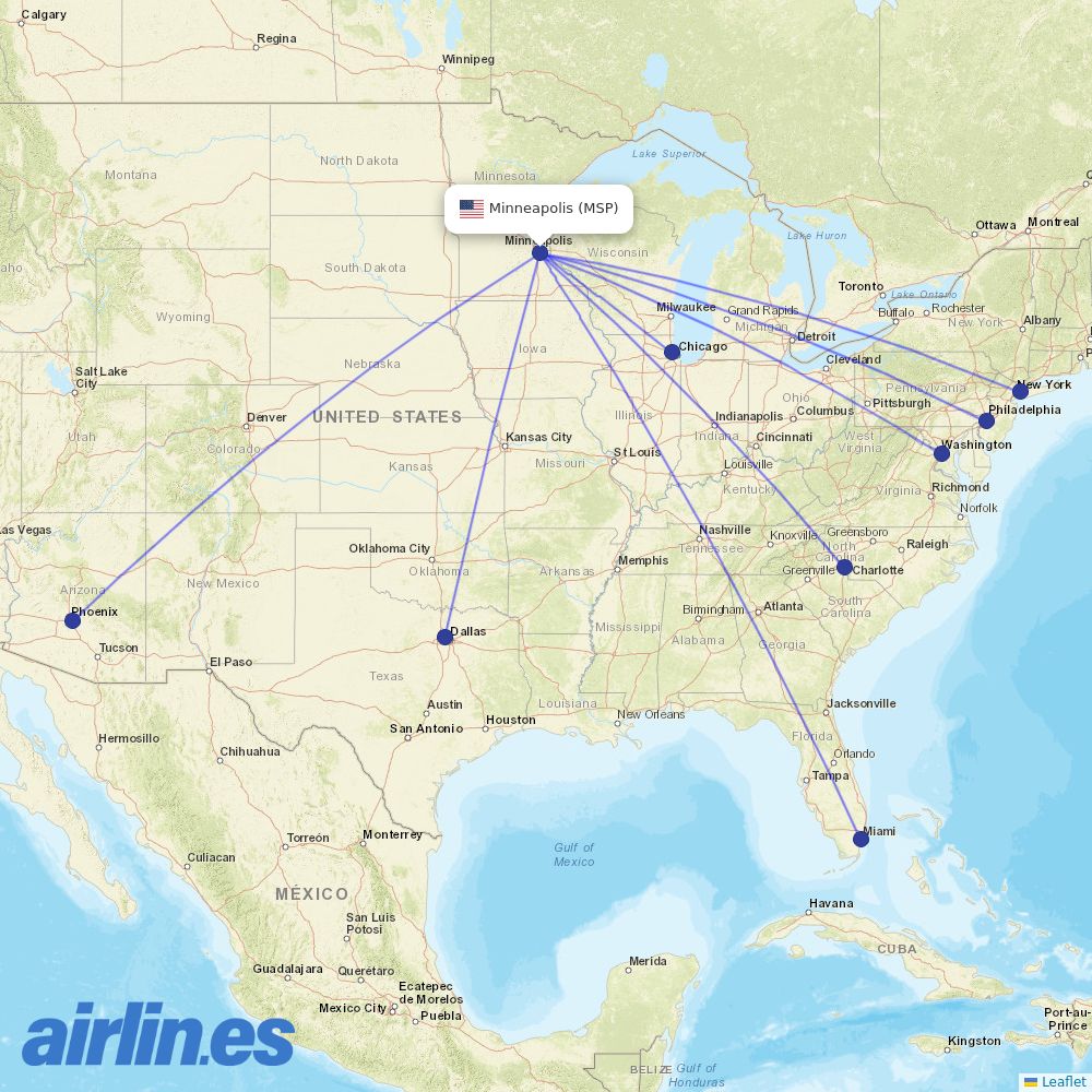American Airlines from Minneapolis St Paul International destination map