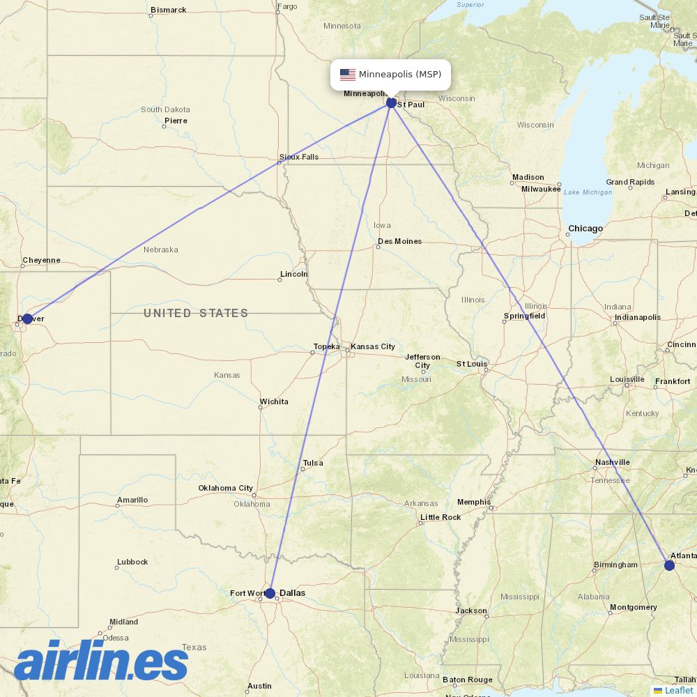 Frontier Airlines from Minneapolis St Paul International destination map