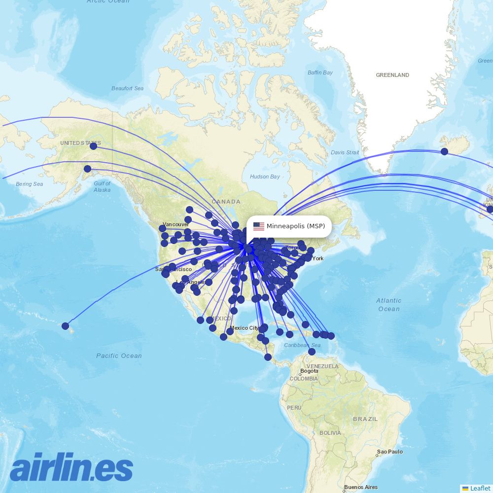 United Airlines from Minneapolis St Paul International destination map