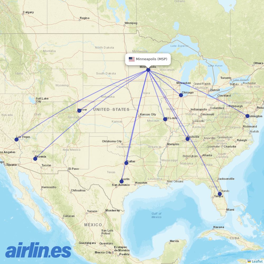 Southwest Airlines from Minneapolis St Paul International destination map