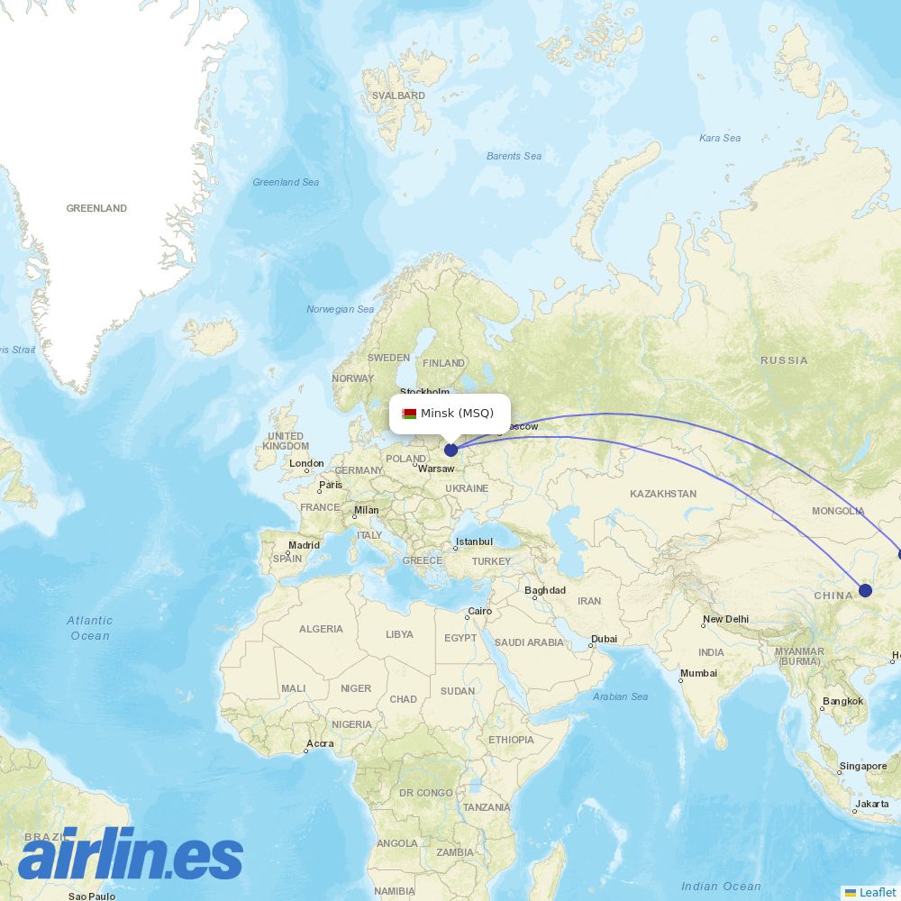 Air China from Minsk destination map