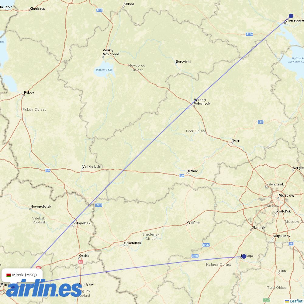 Severstal Avia from Minsk destination map